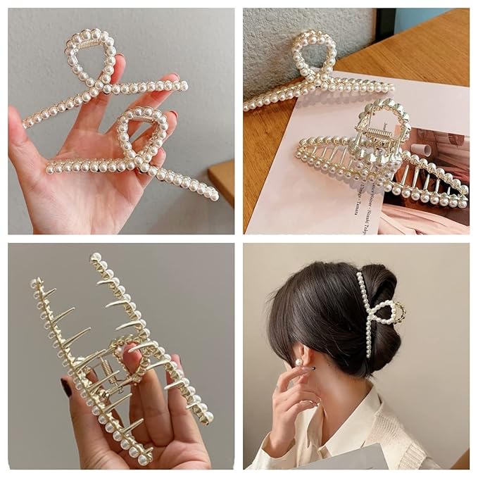 Vintage Metal Pearl Hair Clip, Imitation Pearl Hair Claw Clips Large Size, Hair Clasps Accessories for Women Lady Girls, 2 Pieces