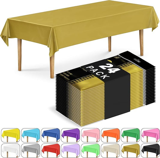 DecorRack 24 Pack Rectangular Tablecloths BPA-Free Plastic, 54 x 108 inch, Dining Table Cover Cloth for Parties, Picnic, Camping and Outdoor, Disposable or Reusable in Gold (24 Pack)