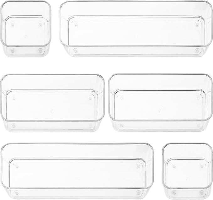 primebox Six Pieces. Plastic Clear Drawer Organizers for Bathroom, Kitchen, Bedroom, Office. Organizer Bins, Storage Trays. Heavy Duty, Stackable, Non-Slip. 3 Sizes
