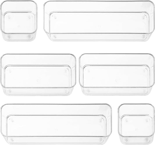 primebox Six Pieces. Plastic Clear Drawer Organizers for Bathroom, Kitchen, Bedroom, Office. Organizer Bins, Storage Trays. Heavy Duty, Stackable, Non-Slip. 3 Sizes