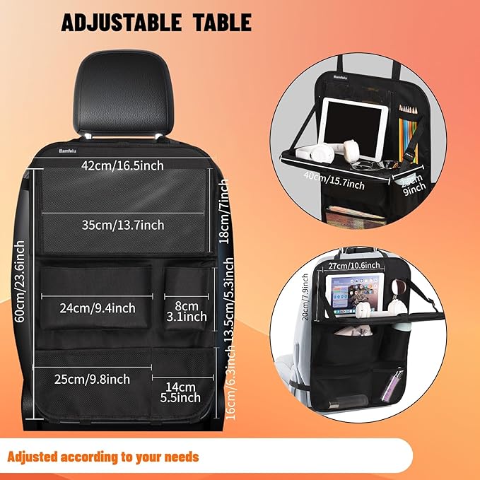 Back Seat Car Organizer with Foldable Table Tray of 2 Pack-Car Kick Mats Back Seat Protector with 12 Storage Pockets Tablet Holder for Family Travel Essentials (Black)