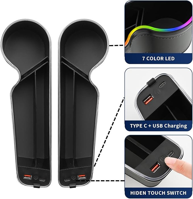 keketuohai 7 Color Led Car Seat Gap Organizer with Type C USB Multifunctional Console Side Gap Organizer with 56W Fast Charger Car Front Seat Gap Filler with Ambient Lamp for Andriod iPhone (Grey)