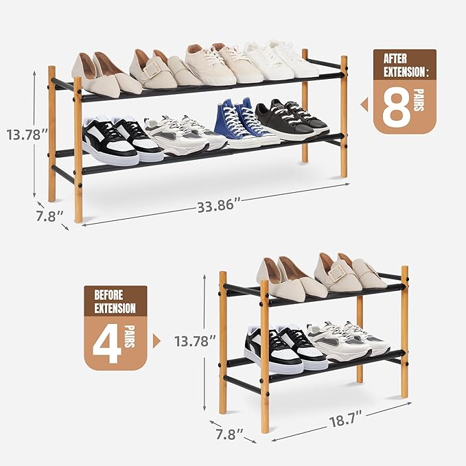 STORAGE MANIAC Expandable Shoe Rack, 8 Pairs Stackable Small Shoe Rack, Metal Adjustable Shoes Organizer for Closet, Entryway, Hallway, Garage, Front Door, Shoe Shelves, Bamboo 2 Tier