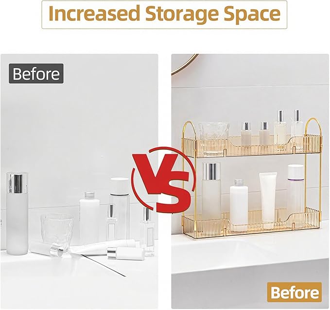 Bathroom Countertop Organizer, 2-Tier Slim Vanity Storage Rack for Bathroom Sink, Narrow Counter Organizer for Toiletries Skincare Perfume with Gold Plastic Trays, Gold