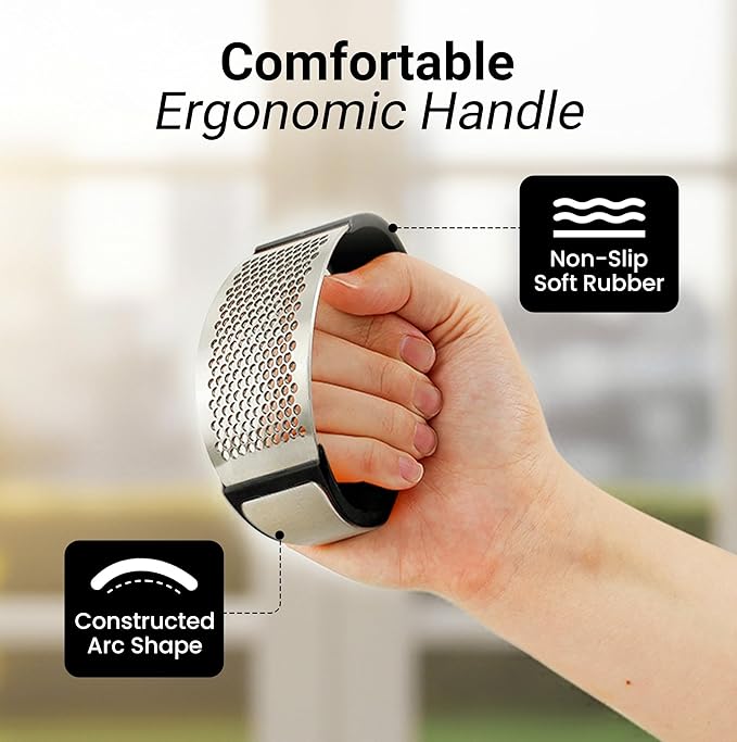 Zulay Kitchen Stainless Steel Garlic Press Rocker Set - Premium Garlic Mincer Garlic Crusher - New Innovative Garlic Crusher with Peeler and Scraper - Comfortable Grip (Black)