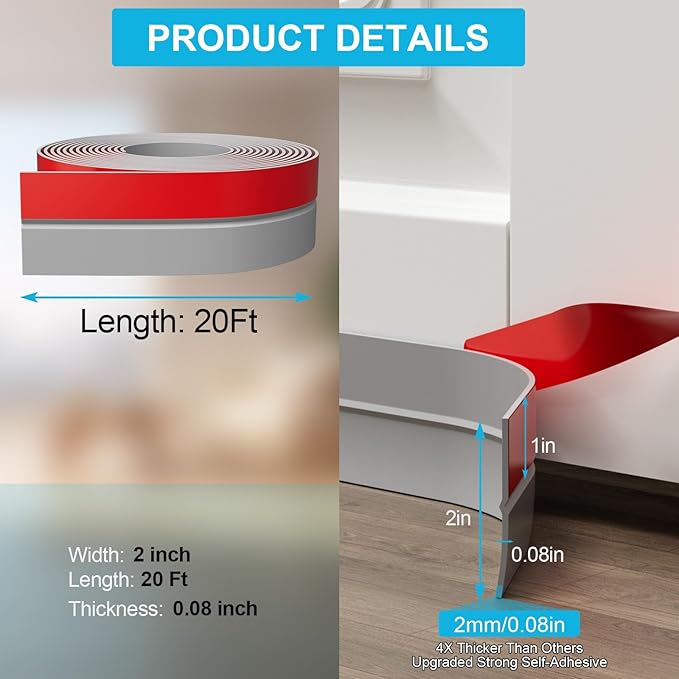 Heavy-Duty 2Inch (W) x 20FT(L) Door Weather Stripping, Extra Thick 2mm Door Draft Stopper Silicone Seal Strip, Draft Seal Tape for Doors Windows and Shower Glass Gap