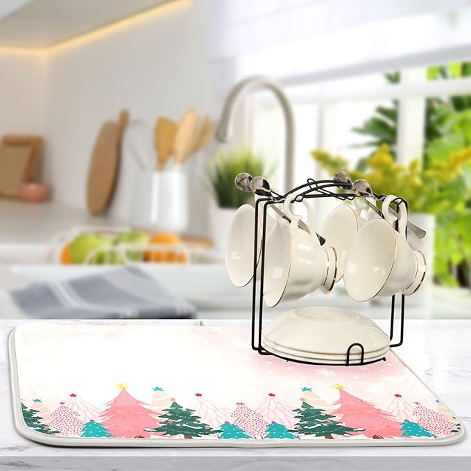 Christmas Tree Pink Dish Drying Mat for Kitchen Countertop 18x24 Winter Snowflake White Xmas Large Drying Mat Reusable Quick Dry Dish Sink Mats Easy Clean Decorative Essentials