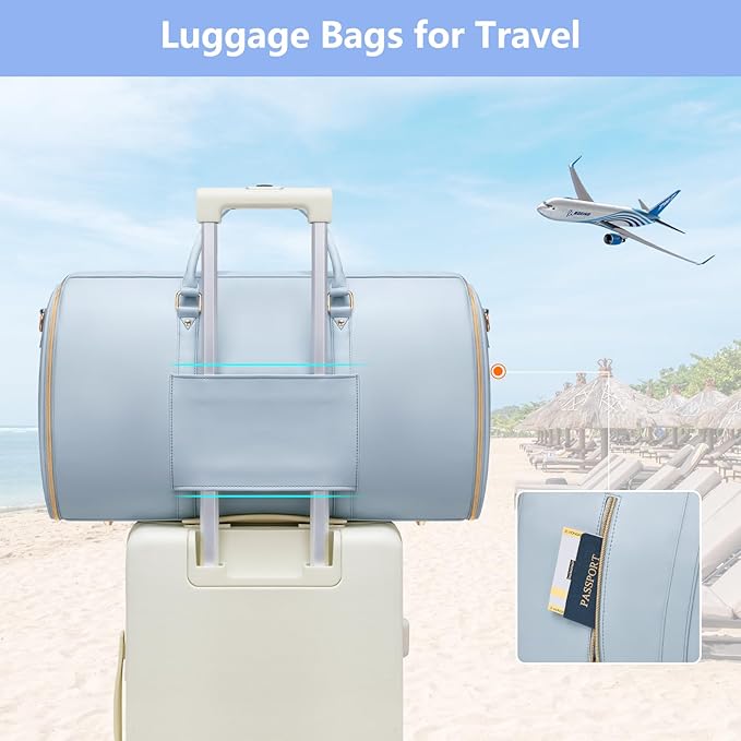 Travel Duffel Bag, Convertible Travel Garment Bag for Women, Fashion & Cute Carry On Duffle Bag w/Shoes Pouch, 2 in 1 Foldable PU Leather Hanging Duffle Bag, Single-Zipper Design, Blue