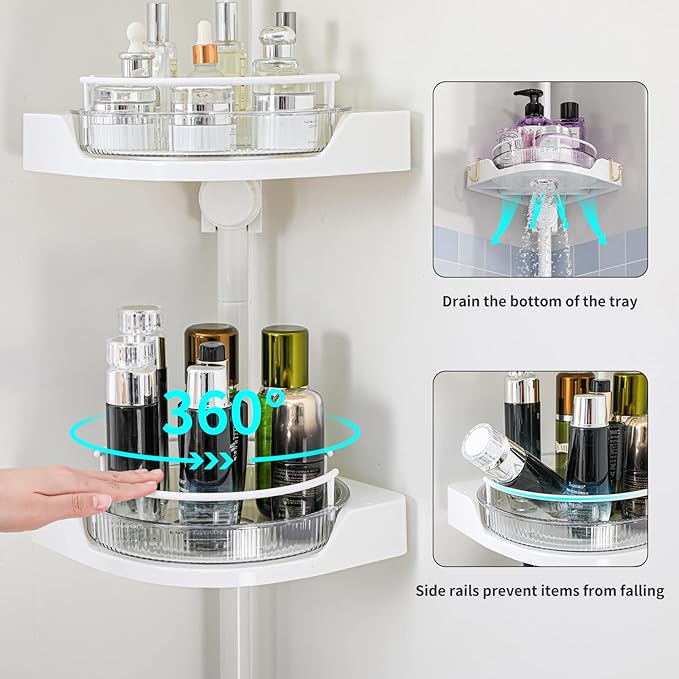 360° Rotating Shower Caddy Tension Pole, 4 Tiers Corner Shower Organizer for Bathroom Shelf Bathtub, Adjustable Standing Shower Rack Bathroom Accessories, Easily Assemble, 34-124 Inch Height, White