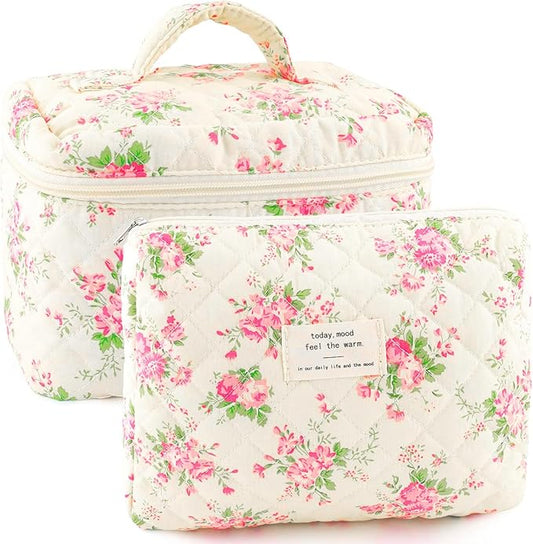 2Pcs Cotton Quilted Makeup Bag for Women Extra Large Small Travel Cosmetic Bag Set Cute Pink Floral Print Makeup Pouch Portable Toiletry Bag Organizer Coquette Vintage Puffy Travel Essential