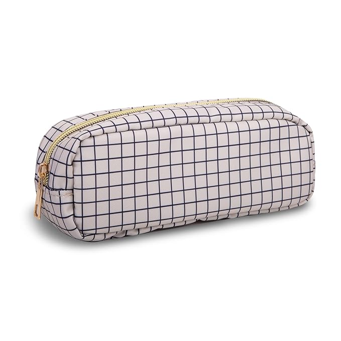 Small Pencil Case Makeup Bag for Purse, Cute Pencil Pouch Nylon Preppy Checkered Makeup Brush Bag with Zipper, Girls Portable Stationery Storage Case Small Pen Bag for Office School (Slim-Checkered)