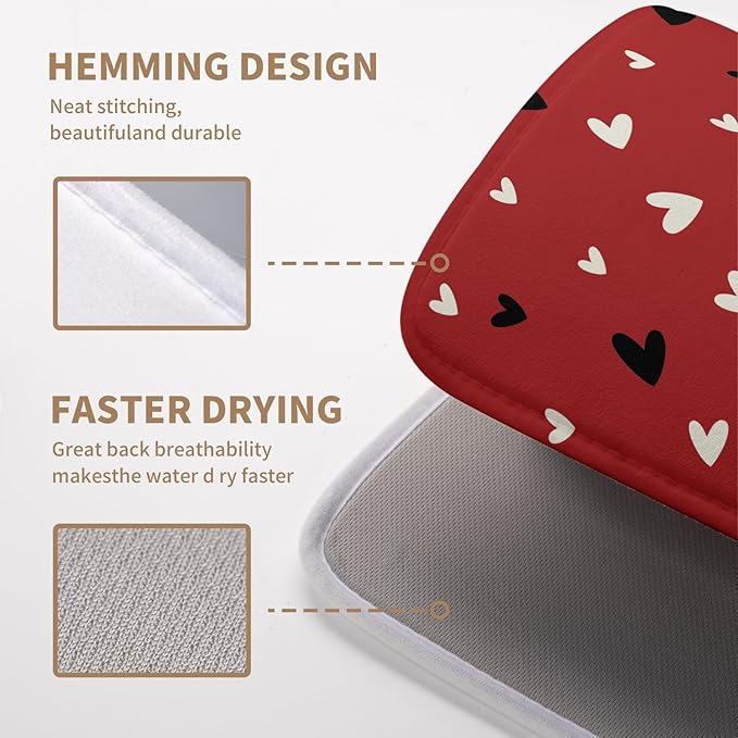 Valentine Dish Drying Mat for Kitchen Counter Valentines Day Red Black Love Heart Holiday Drying Mats Absorbent Microfiber Dish Draining Mat Medium Dish Rack Pad 16x18 Inch