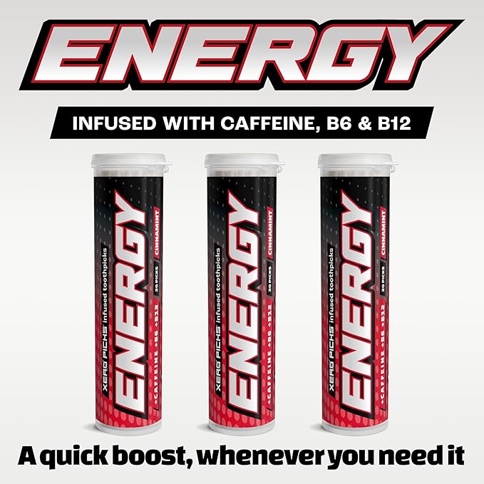 Xero Picks Energy Caffeine Flavored Toothpicks B12 for focus & B6, 60 Picks (Pack of 3) (Hot Cinnamon) Sugar-Free Alternative to Energy Mints & Gum - Kosher