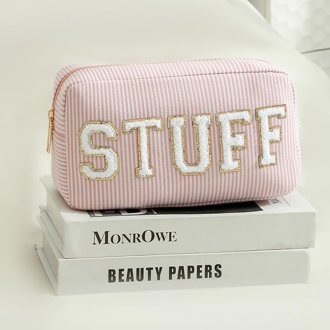 uekeboag Seersucker Chenille Letter Stuff Meds RX Makeup Bag, Travel Washable Purse Organizer with Zipper, Lightweight Toiletry Cute Personalized Preppy Cosmetic Bag For Women and Girls(3pcs Pink)