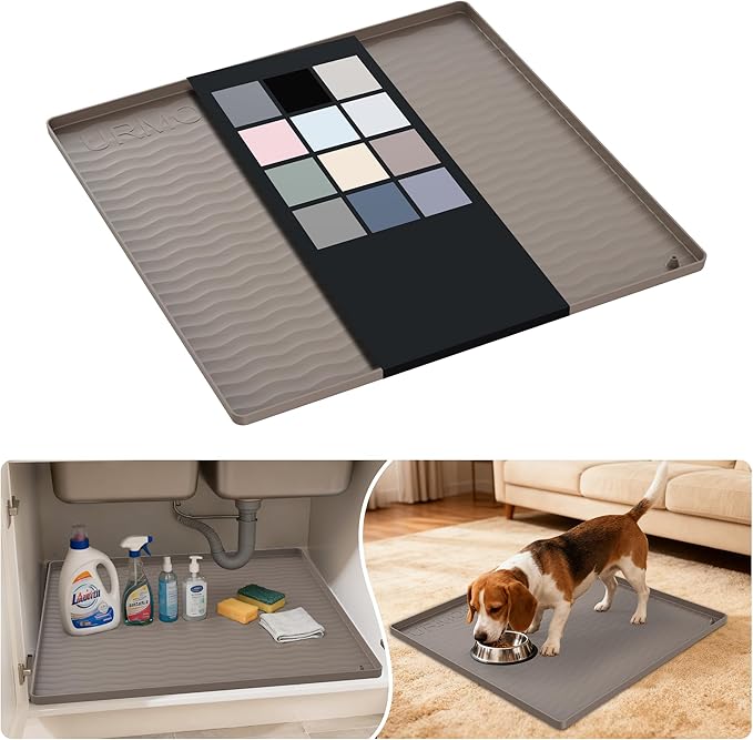 URMONA Waterproof Silicone Under Sink Mat 22'' x 22'' Shelf Liner for Kitchen and Bathroom, Cabinet and Counter Protector, Storage and Organizers, Litter Mat, Pet Cat Puppy Essentials(Beige)