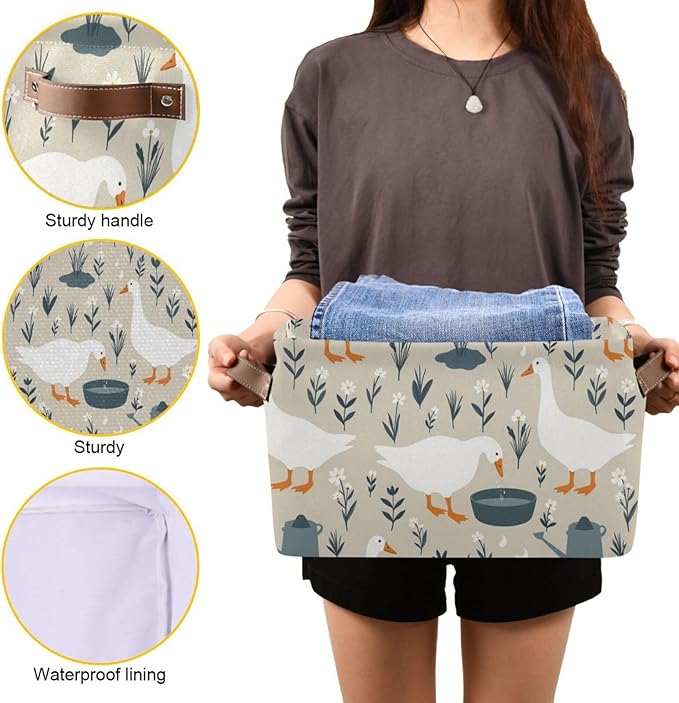 Aslsiy Storage Basket Cute Goose Nursery Bins Doodle Flowers Baby Box Canvas Clothes Shelf Basket Laundry Hamper Gift Basket for Home Closet 2 Pcs