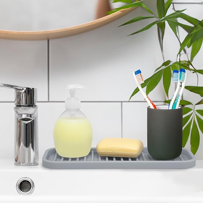 Zulay Kitchen (9x3.5) Silicone Sponge Holder for Kitchen Sink - Flexible Multipurpose Soap Tray - Sink Organizer for Kitchen, Bathroom, Makeup, Trinkets & More (Grey)