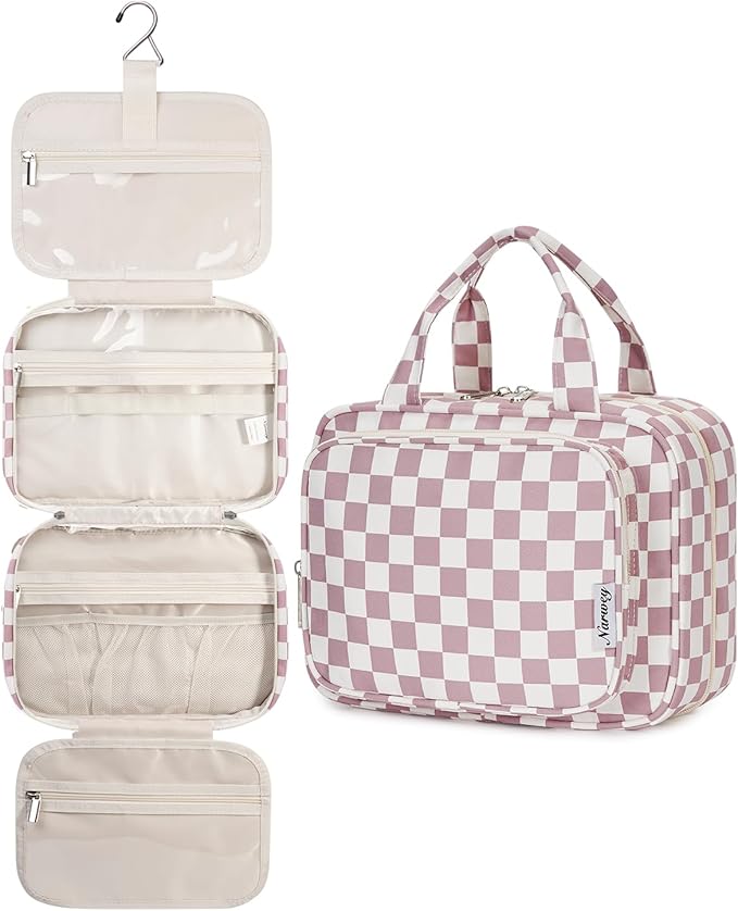 Narwey Hanging Toiletry Bag for Women Travel Makeup Bag Organizer Toiletries Bag for Travel Size Essentials Accessories Cosmetics (Dusty Pink Checkerboard (Medium))