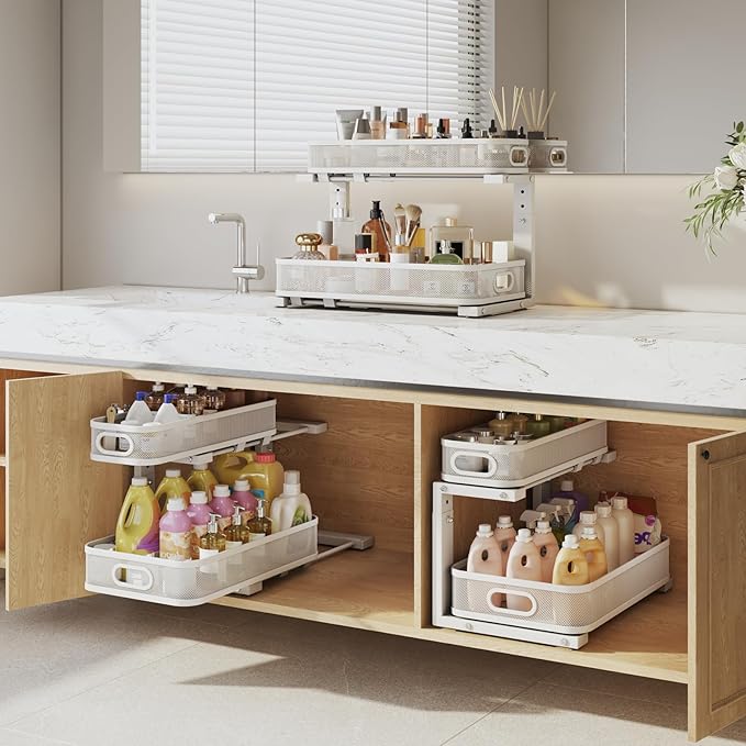 Biboraya 2 Pack 19.3IN-Depth Under Sink Organizer with Smooth Cylindrical Rail, 2-Tier Pull Out Multi-Purpose Cabinet Storage for Bathroom & Kitchen, Height Adjustable, Rust-Resistant Coating - White