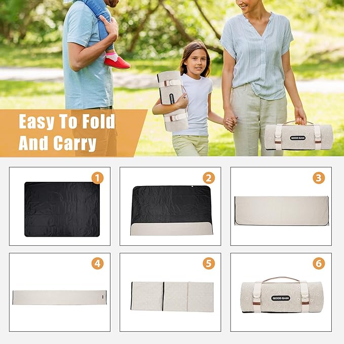 G GOOD GAIN Picnic Blankets Waterproof Extra Large - Outdoor Blanket Sand Free Foldable with Carry Strap for Beach, Camping, Park Grass, Hiking, Travel, Concerts (White Flower)