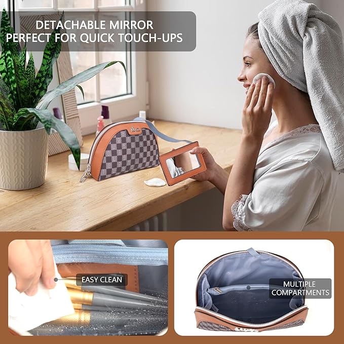 BOYATU Small Travel Makeup Bag for Women: Elegant Vegan Leather Cosmetic Pouch for Purse - Waterproof Toiletry Bag with Mirror (020-Brown)