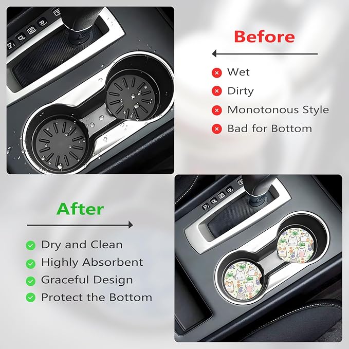 Car Cup Holder Coasters, 2 Pcs Ceramic Coasters with Cork Back and Finger Slot, Anti-Slip Shock Absorbing Women and Men Universal Car Accessories - Love Cat