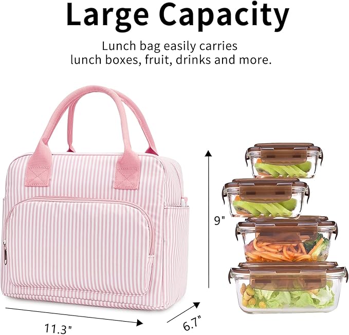 Lunch Bag Women Lunch Box for Women Adult Cute Insulated Lunch Bag Lager Cooler Lunch Tote Bags for Work Picnic (Pink Stripes)