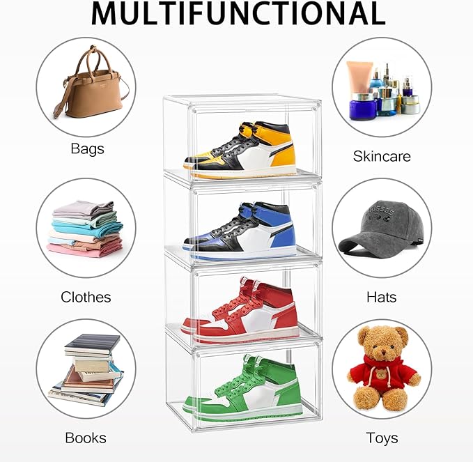 Size 14 Acrylic Sneaker Shoe Display Case, Transparent Shoe Box Storage Bins Clear Plastic Stackable Boot Handbag Organizer Containers with Lids for Shoes, Figure, Collectible, Purse, 1Pack