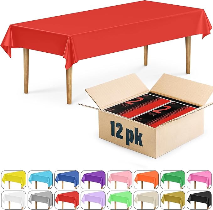 DecorRack 12 Rectangular Tablecloths BPA-Free Plastic, 54 x 108 inch, Dining Table Cloth, Rectangle Table Cover for Parties, Picnic, Camping and Outdoor, Disposable or Reusable, Red (12 Pack)