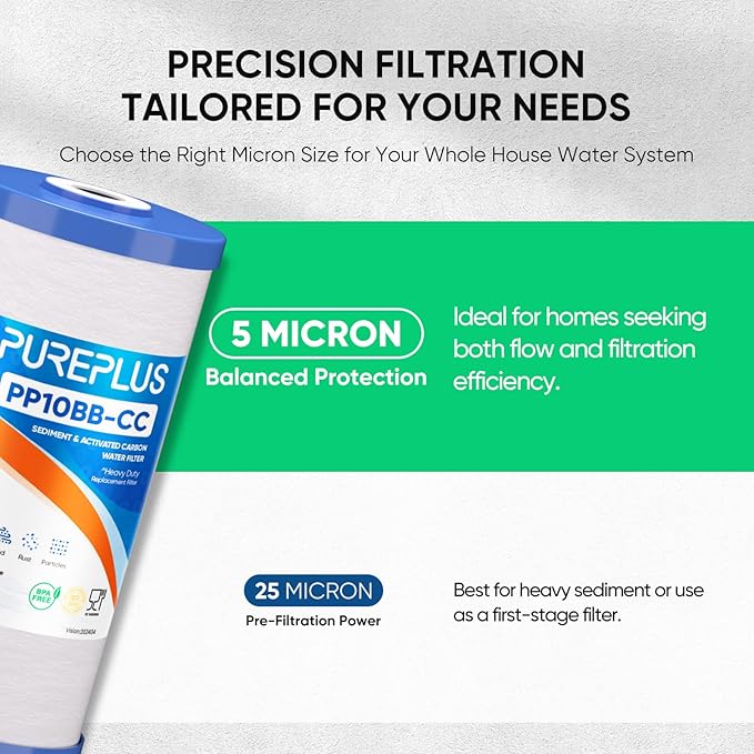 PUREPLUS 5 Micron 10" x 4.5" Whole House FXHTC Sediment and Carbon Water Filter Replacement Cartridge for GXWH40L, GXWH35F, GNWH38S, RFC-BBSA, WRC25HD, PP10BB-CC, RFC-BB, WFHD13001, 4Pack