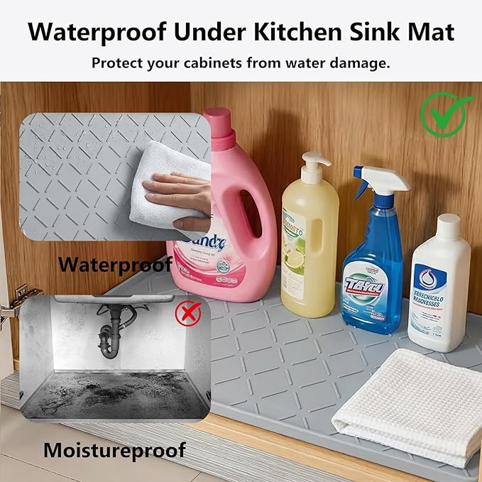 Mateeylife Under Sink Mats for Kitchen Waterproof 28"X19", Undersink Protectors，Silicone Mat Cabinet Liner, Under Sink Organizer for Bathroom and Kitchen，Boot Tray Pet Food Mat, Light Grey