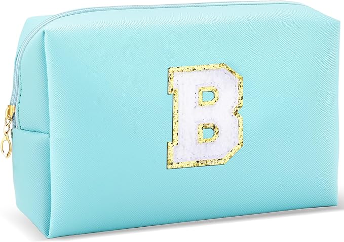 Gifts for Girls Initial Makeup Bag Personalized Cosmetic Bag with Zipper Cute Travel Toiletry Bag Waterproof PU Preppy Makeup Pouch Birthday Gift for Teen Girls Women(Blue B)