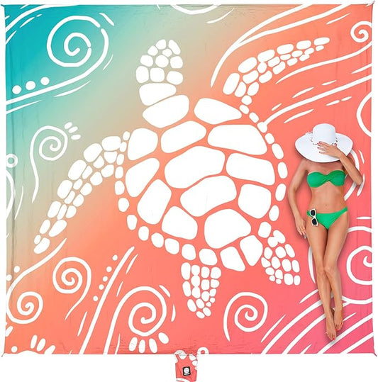 WEKAPO Beach Blanket Waterproof Sandproof Oversized Extra Large Sand Free Beach Mat with Stakes, Storage Bag - Essentials for Outdoor Beach, Picnic (Sea Turtle, 11 X 9 FT (1~10 Person))