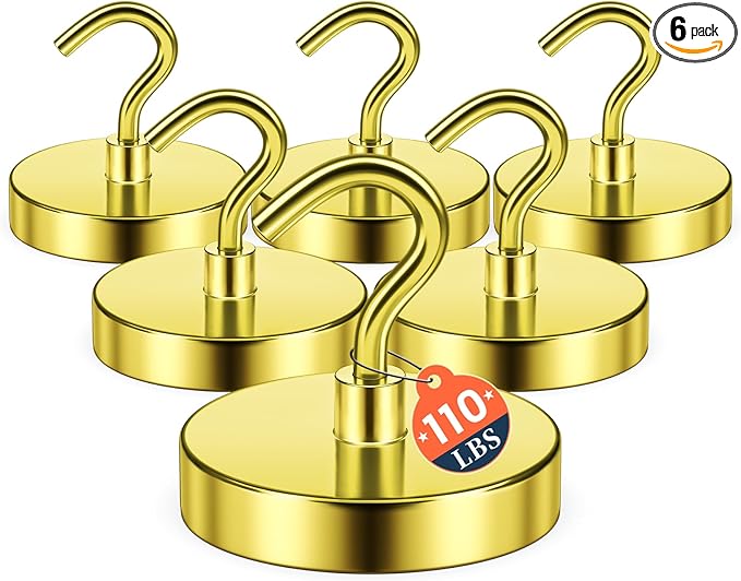 FINDMAG Strong Magnet Hooks for Cruise Cabin, 110lbs Magnetic Hooks for Classroom, Magnetic Key Holder for Fridge, Whiteboard Magnets, Household Essentials, Small Apartment Essentials, 6 Pack, Gold