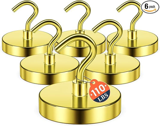 FINDMAG Strong Magnet Hooks for Cruise Cabin, 110lbs Magnetic Hooks for Classroom, Magnetic Key Holder for Fridge, Whiteboard Magnets, Household Essentials, Small Apartment Essentials, 6 Pack, Gold