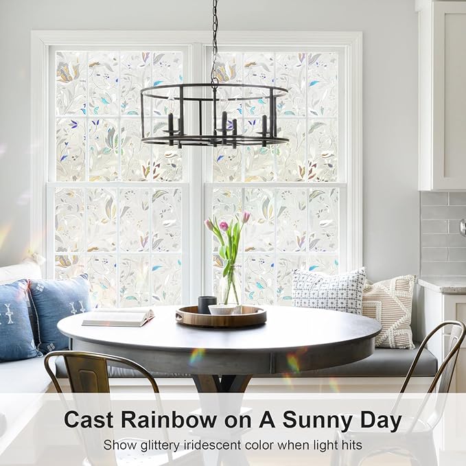 Window Privacy Film, 3D Rainbow Decorative Stained Glass Film, Sun Blocking Windows Clings, Static Cling Frosted Glass Windows Sticker Door Covering for Home (Tulip, 35.4" x 78.7")