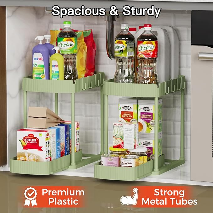 2 Pack Multi-Purpose Pull-Out Storage Organizers, Under Sink Organizers and Storage for Bathroom & Kitchen, Under Cabinet Organizers and storage, 14.8 Inch, Green