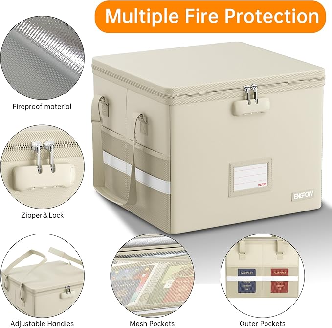 ENGPOW 5200°F Fireproof Document Box with Lock, Heat-Insulated Collapsible File Storage Organizer Box with Handle, Portable Home Office File Cabinet for Hanging Letter/Legal Size Folders, Beige