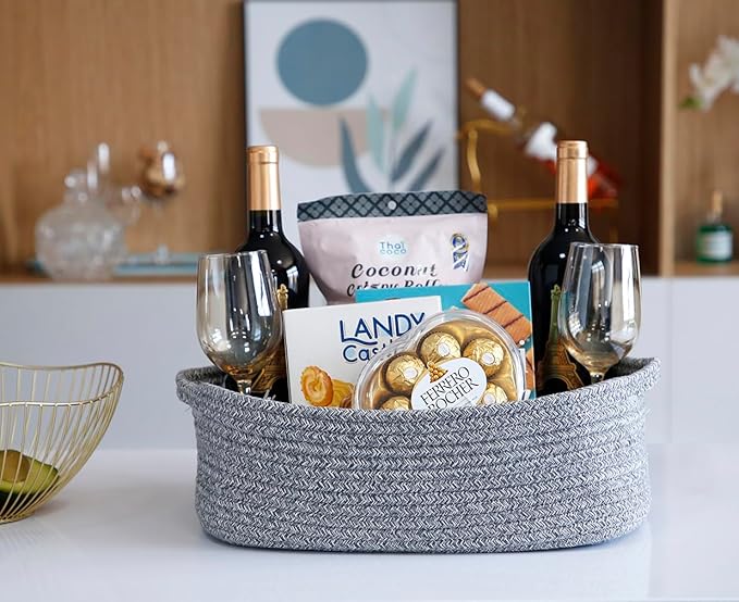 Woven Cotton Rope Storage Basket, Cube Changing Table Organizer for Closet Towels, Baby Nursery Bin, Small Dog Cat Toy Box, Gift Baskets empty (14.5"x 11"x 5") by CIKI HOME