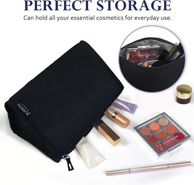 Aosbos Premium Small Makeup Bag, Compact Cosmetic Pouch, Travel-Size Make UP Case for Women, Black