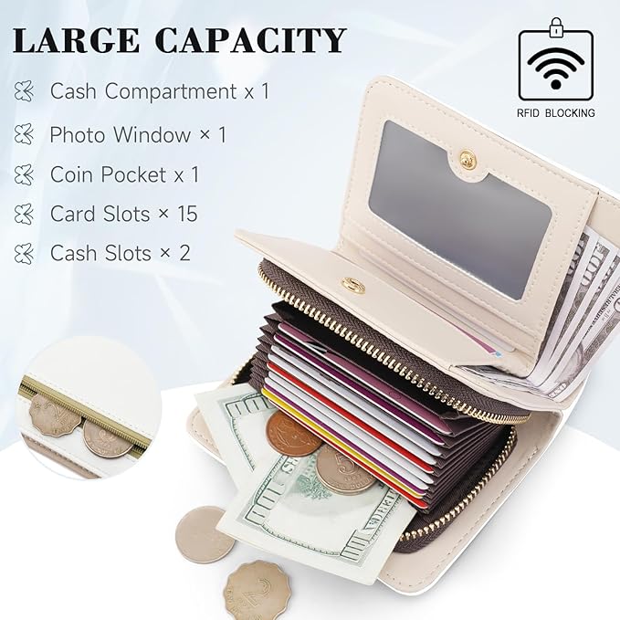 Women RFID Blocking Small Bifold Wallet, Compact Cash Clutch with Zipper Coin Pocket, Glittery Butterfly Design, Credit Card Holder, Travel Purse with Tassel WHITE