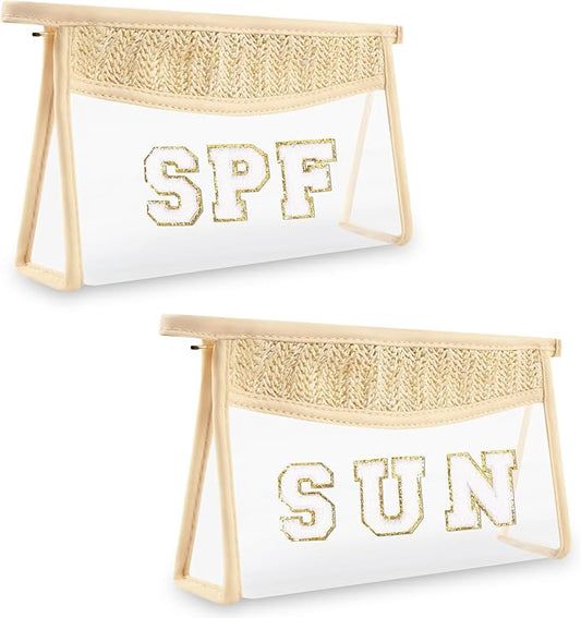 2 Pcs Boho Straw Clear Makeup Letter Pouch, Sunscreen Pouch for Beach Travel, Waterproof Beach Toiletry Sun Bag Accessories for Women