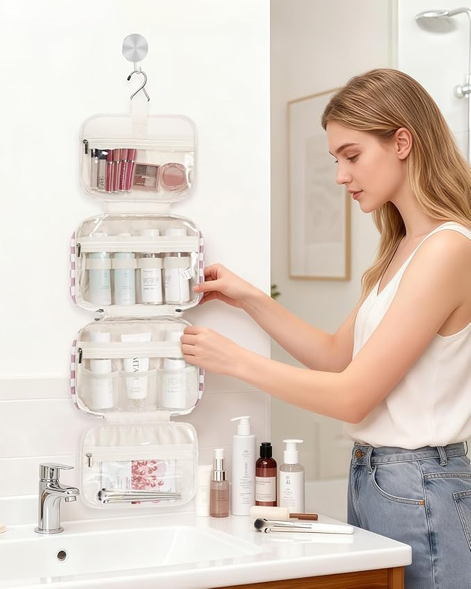 Narwey Hanging Toiletry Bag for Women Travel Makeup Bag Organizer Toiletries Bag for Travel Size Essentials Accessories Cosmetics (Dusty Pink Checkerboard (Medium))