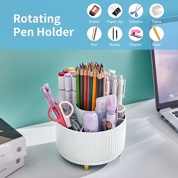 Marbrasse Desk Organizer, 360-Degree Rotating Pen Holder, Desk Organizers and Accessories with 5 Compartments Pencil Holder, Art Supply Storage Box Caddy for Office, Home（White）
