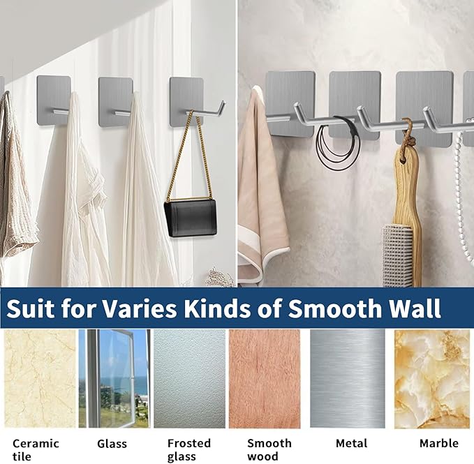 Hawsam 6 Pack Self Adhesive Wall Hooks for Hanging Heavy Duty 44LB/20kg(Max) Adhesive Towel Hooks for Bathroom Silver Towel Robe Coat Hook 304 Stainless Steel Sticky Hooks for Hanging Shaver,Hat