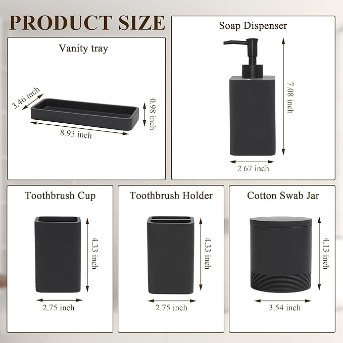 YMXYJM Bathroom Accessories Set, 6 Piece Bathroom Set with Toothbrush Holders, Soap Dispenser, Vanity Tray, Tumbler, Cotton Swab Jars, Bathroom Organizer，Bathroom Sink Sets, Matte Black