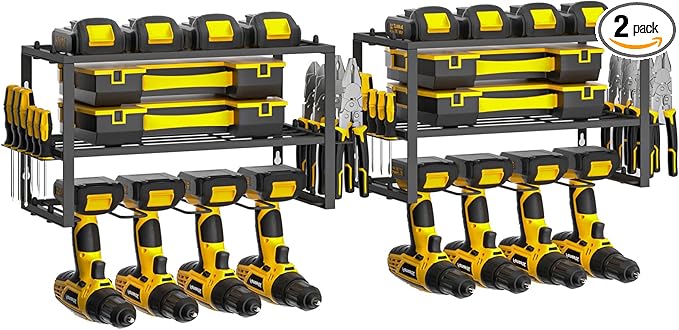 Spacecare Power Tool Organizer- Power Drill Tool Holder- Heavy Duty Tool Shelf & 2 Pack 3 Layers Tool Rack Cordless Drill Holder- Floating Tool Shelf Wall Mounted Tool Storage Rack for 8 Drill Holders