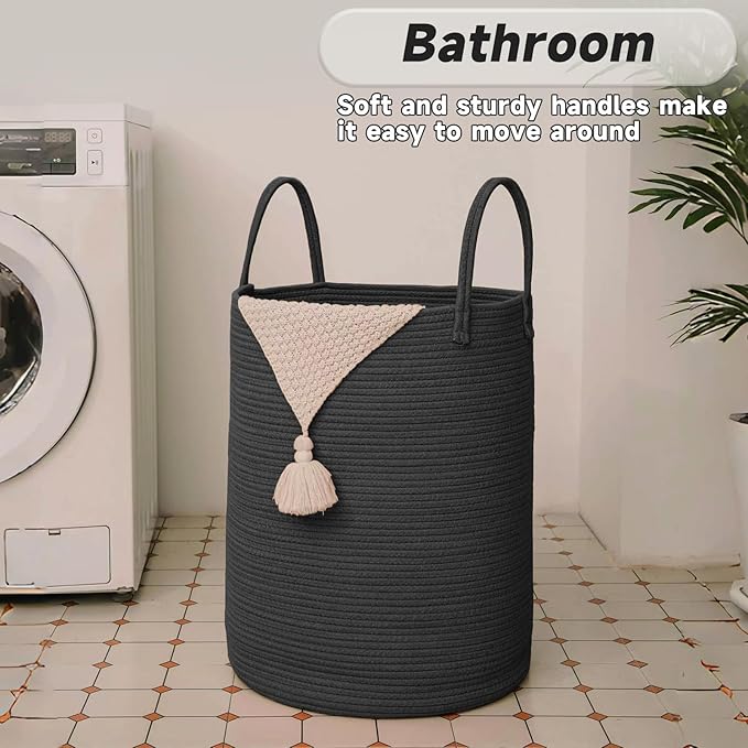 Large Woven Laundry Basket Hamper, 60L Cotton Rope Storage Bin for Blankets, Toys, and Clothes, Decorative Tall Nursery Hamper for Living Room, Baby Nursery, Bathroom, and Bedroom, Black
