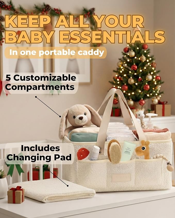 Baby Diaper Caddy Organizer with Portable Changing Mat - Teddy Fleece Diaper Organizer for Changing Table - Basket for Changing Essentials - Baby Essentials Organizer with Removable Dividers