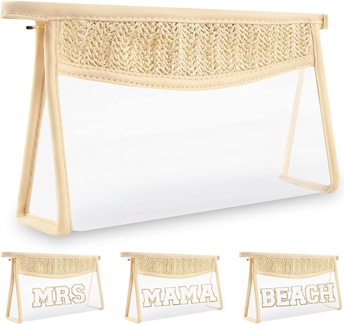 Boho Clear Makeup Bag Cosmetic Zipper Pouch Purse, Clear Toiletry Bags Travel Small Preppy Cute DIY Chenille Letter Bag, Transparent PVC Waterproof Clutch Make Up Organizer Storage Bag for Women Girls